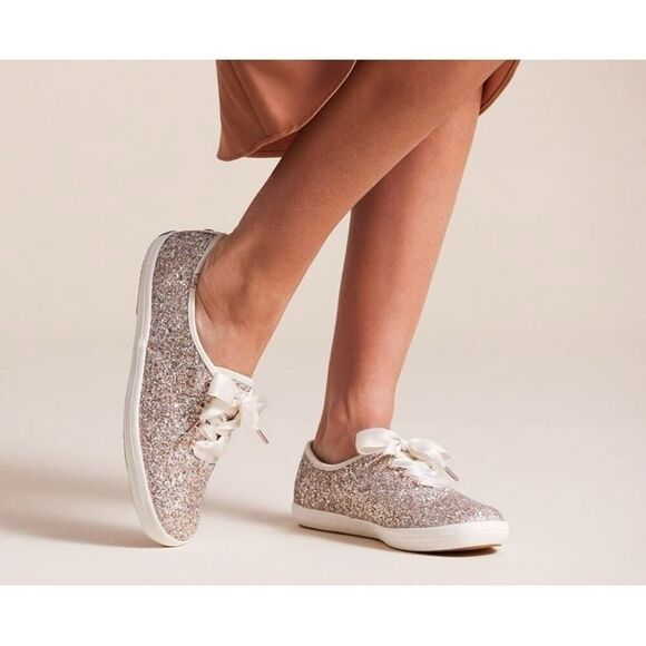 Keds x Kate Spade Champion Glitter Sneakers Womens Sz 8 Ivory Ribbon Bridal Glam - Picture 1 of 13